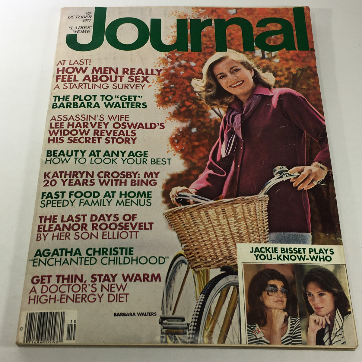 Cover of VTG Journal Magazine: October 1977 featuring Jackie Bisset alongside articles on Agatha Christie and other cultural topics from the 1970s. The magazine displays a vibrant autumn theme with a woman riding a bicycle.