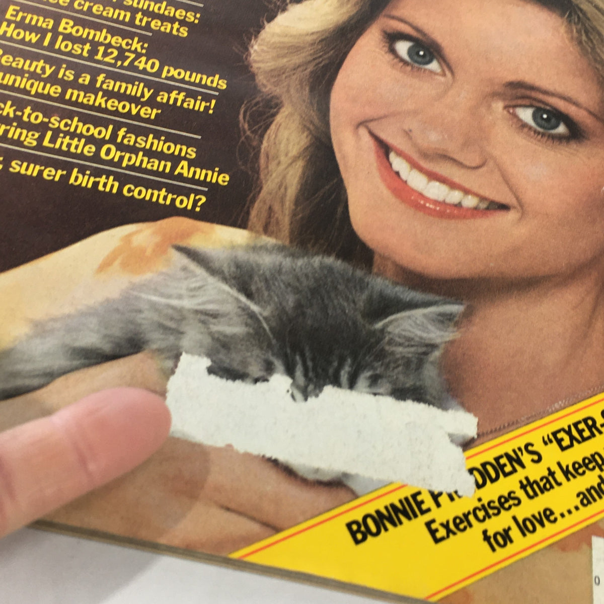 Close-up of the VTG Journal Magazine August 1977 cover with Olivia Newton-John, highlighting a kitten and article details.