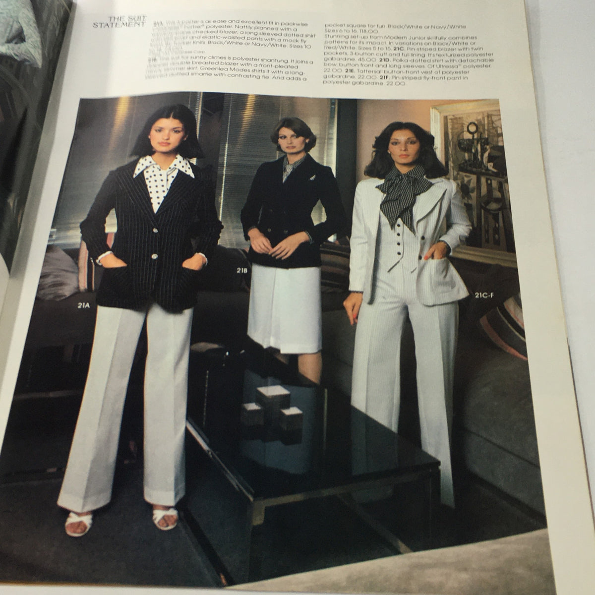 Fashionable styles from the VTG Boston Store Catalog December 1970s with models wearing sophisticated suits for women's fashion.