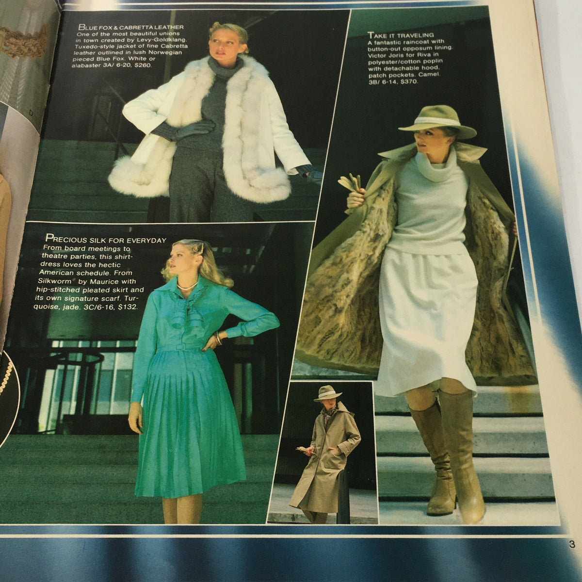 VTG Flahs Catalog: December 1970s - Holiday Reflections interior page showcasing four fashionable outfits including a turquoise silk dress, fur coat, and stylish outerwear in a chic setting.