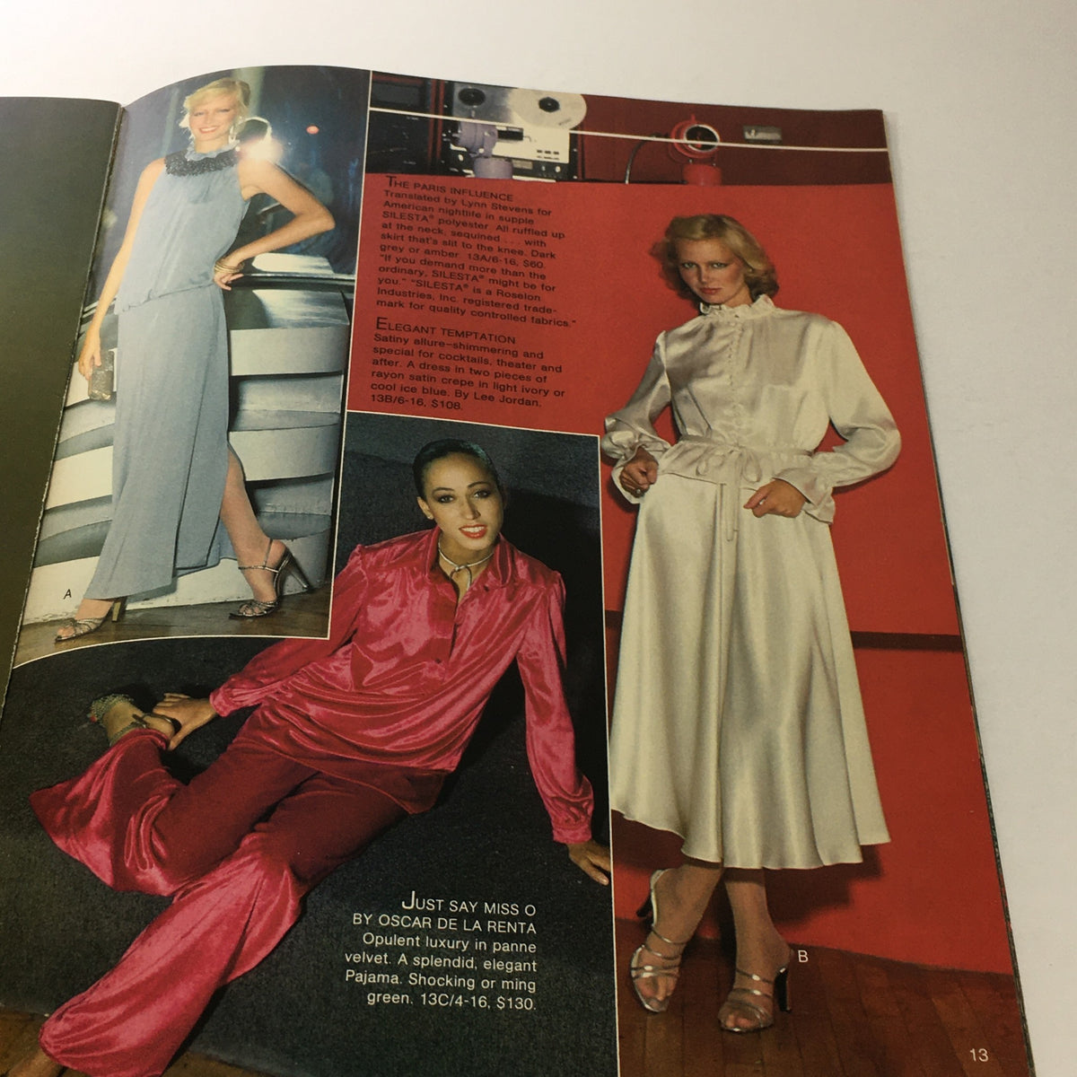 VTG Flahs Catalog: December 1970s - Holiday Reflections showcasing elegant fashion models in stylish outfits, including a satin pajama set by Oscar de la Renta and a sophisticated evening gown with a ruffled neckline, set against a retro backdrop.