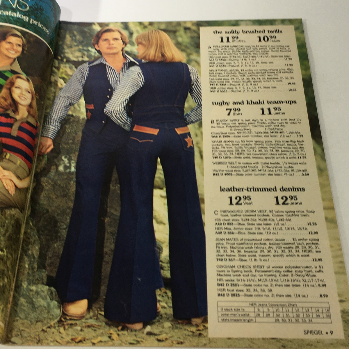 Another interior page from the VTG Spiegel Store Catalog, presenting models in vintage clothing, including a denim outfit, as part of the 1977 fashion lineup.