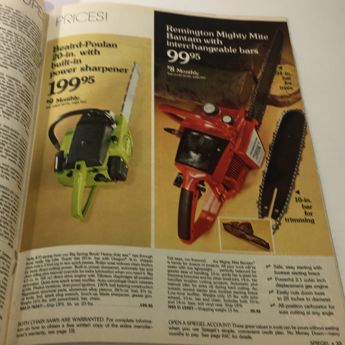 Page from the VTG Spiegel Store Catalog illustrating power tool products, including chainsaws, with prices featured prominently for shoppers from 1977.