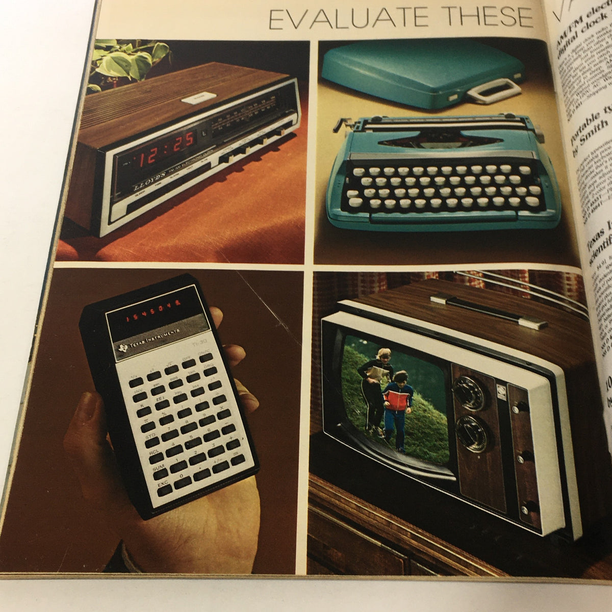 Page highlighting various vintage electronic products in the VTG Spiegel Store Catalog, including a clock and typewriter, showcasing technology from 1977.