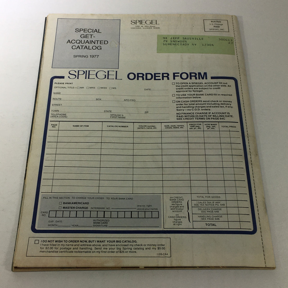 Spiegel Store catalog order form from the VTG Spiegel Store Catalog: May 1 1977 featuring details for ordering including fields for personal information and payment methods.