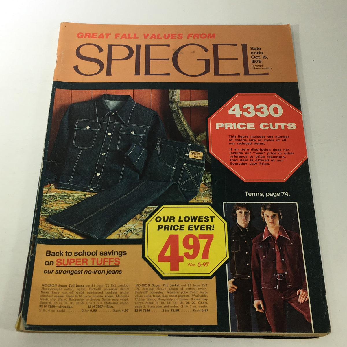 VTG Spiegel Store Catalog: October 1975 cover featuring denim clothing and fall values with price cuts highlighted, showcasing a nostalgic 70s fashion aesthetic.