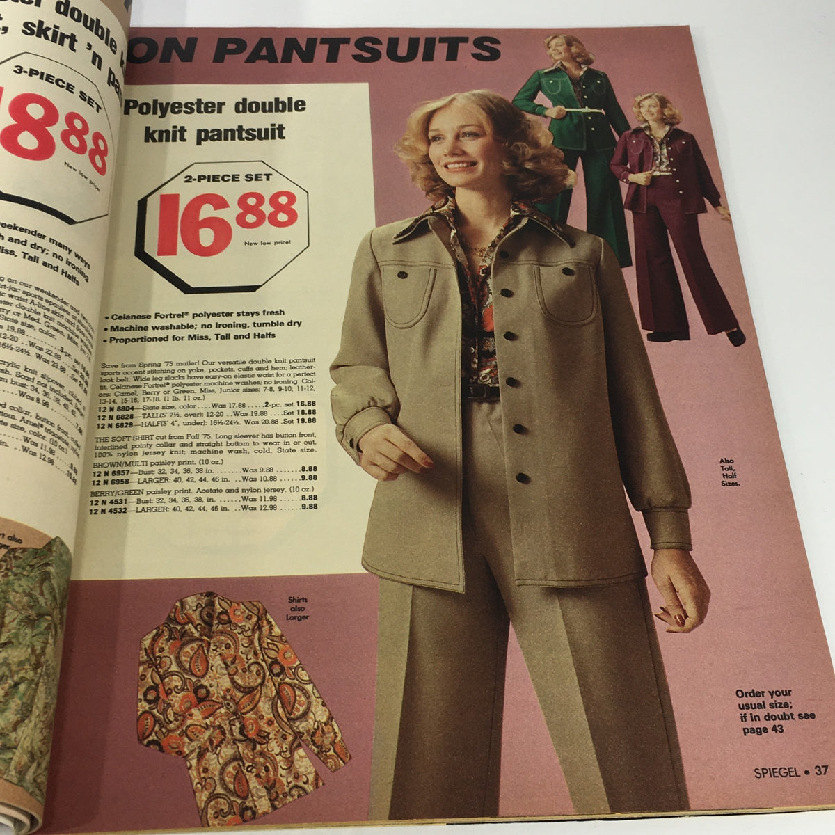 VTG Spiegel Store Catalog - October 1975 presenting a stylish polyester double knit pantsuit for women available as a 2-piece set for $16.88.