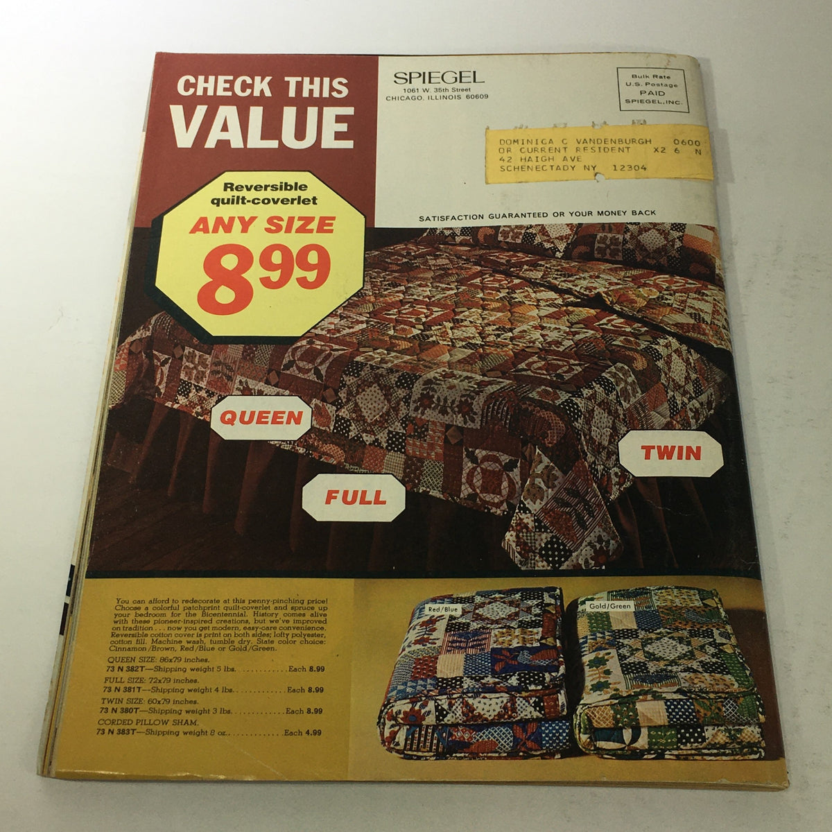 VTG Spiegel Store Catalog - October 1975 showcasing quilt coverlets with reversible designs and pricing details for queen, full, and twin sizes. Highlighting great fall values and price cuts.