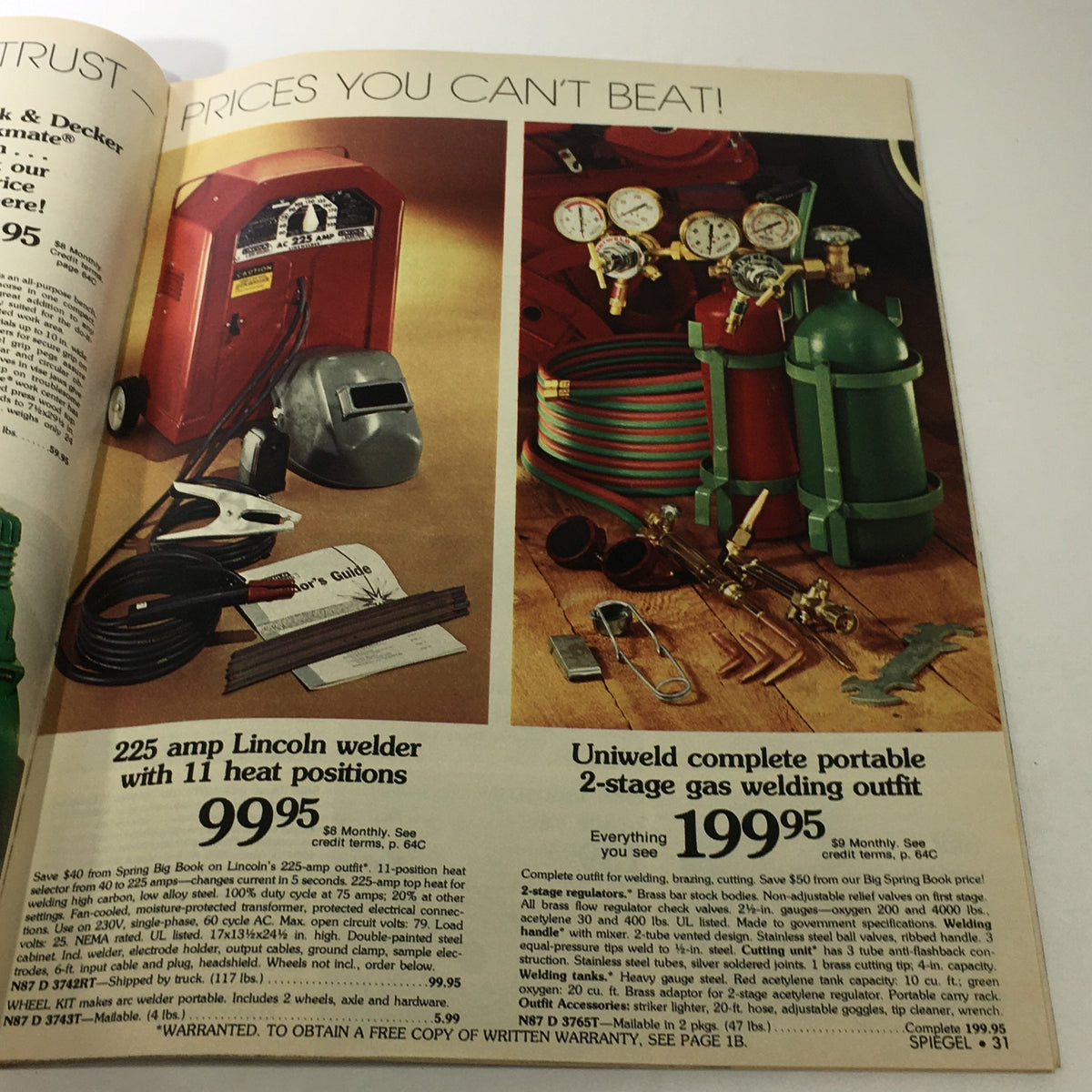 VTG Spiegel Store Catalog May 1977 highlighting welding equipment, including a Lincoln welder and gas welding outfit, prices starting from $99.95.