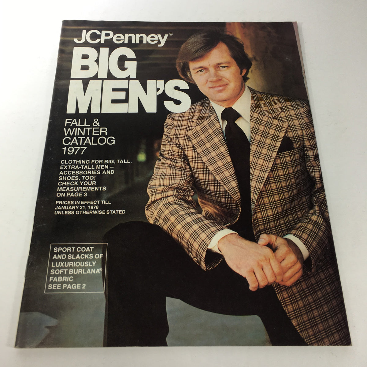 Cover page of the VTG JC Penny Big Men's Store Catalog Fall and Winter 1977, showcasing stylish menswear with a model in a plaid suit.