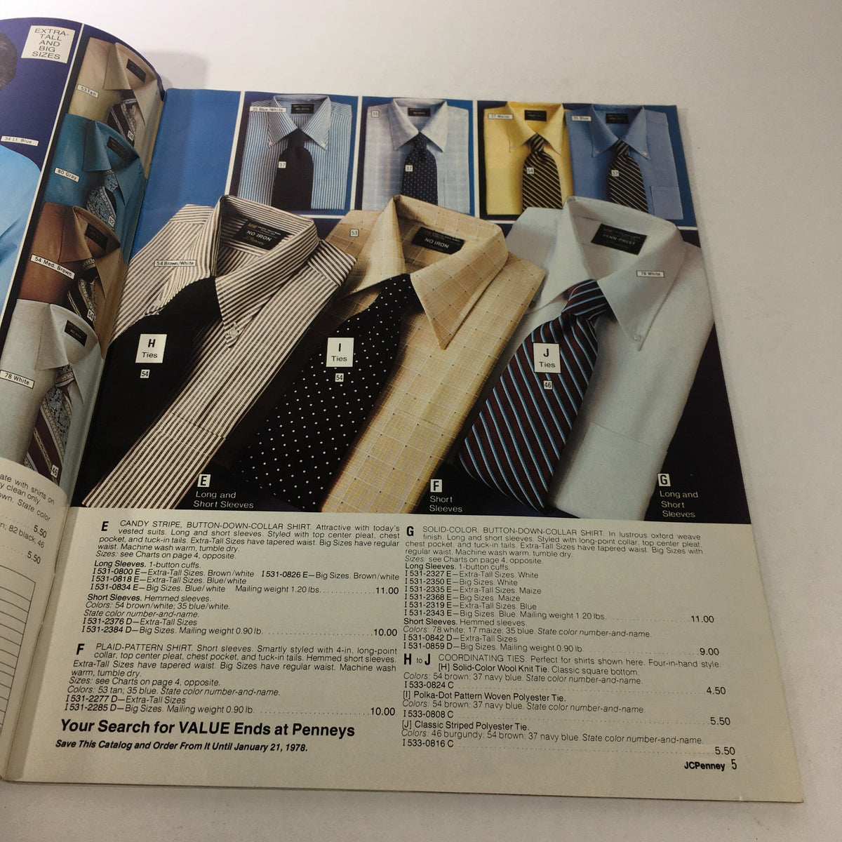 Page from the VTG JC Penny Big Men's Store Catalog Fall and Winter 1977, displaying a variety of men's shirts and ties with pricing details.