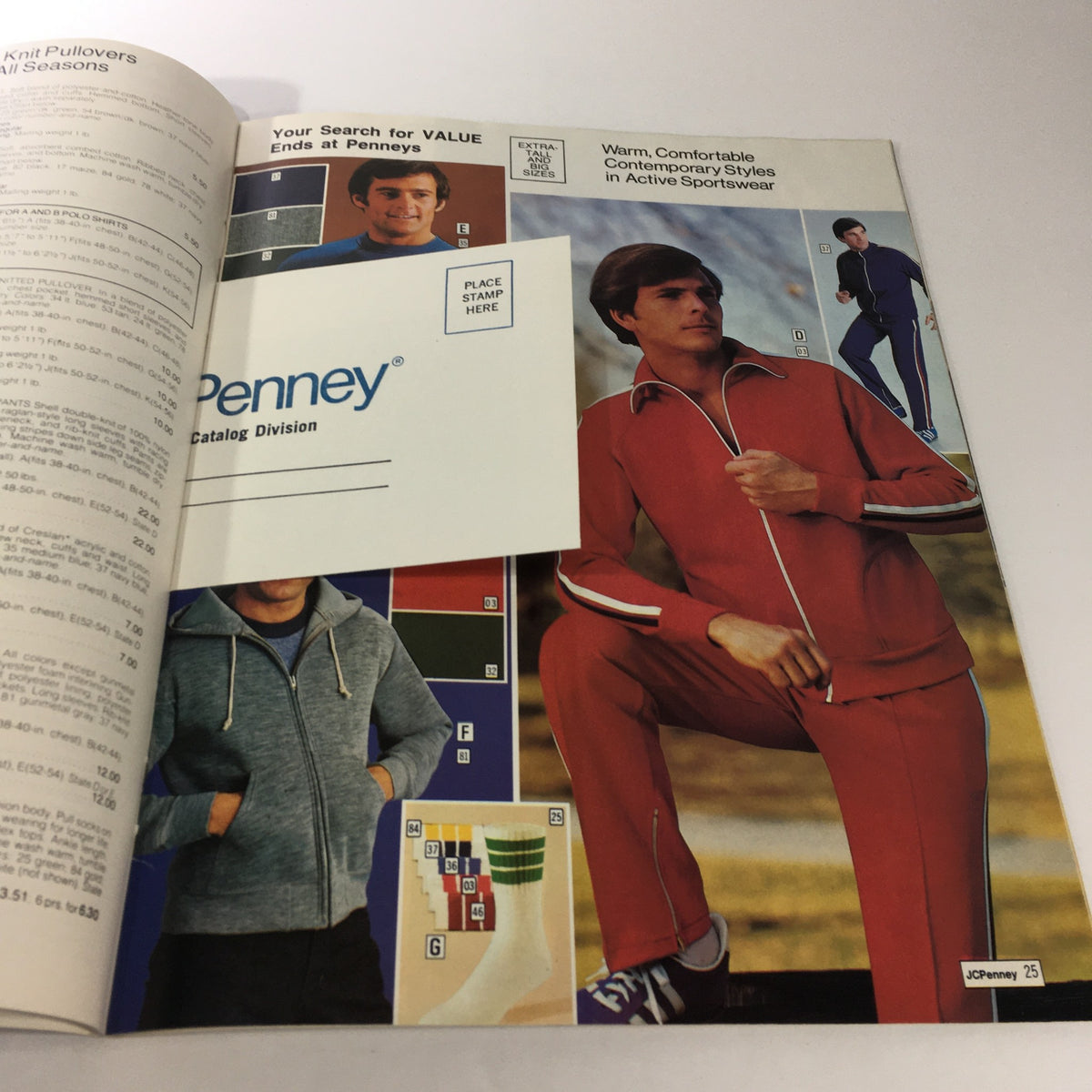 Catalog page from VTG JC Penny Big Men's Store Catalog Fall and Winter 1977, featuring men's active sportswear and knit pullovers.