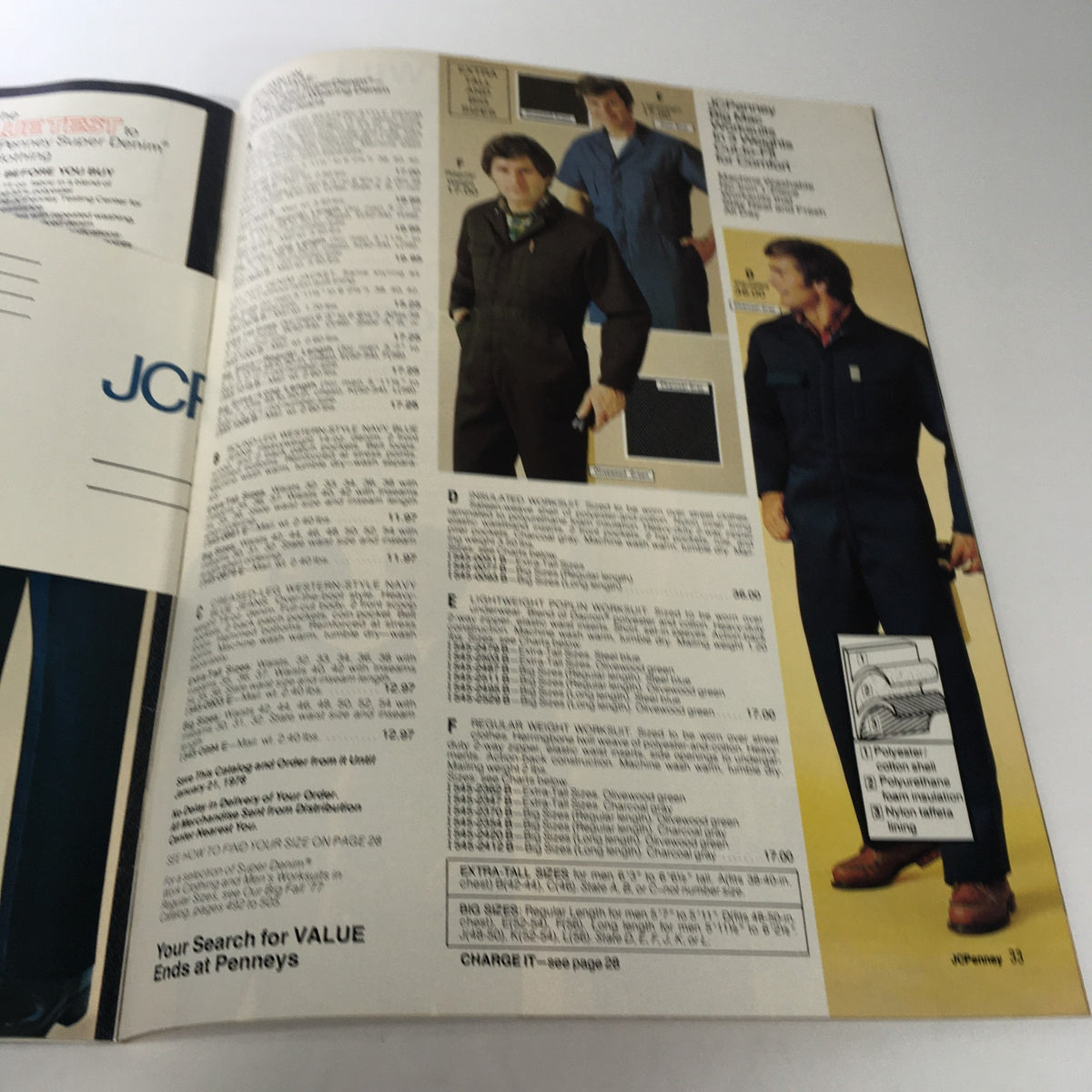 Inside page of the VTG JC Penny Big Men's Store Catalog Fall and Winter 1977, showing men's workwear and price listings for various styles.