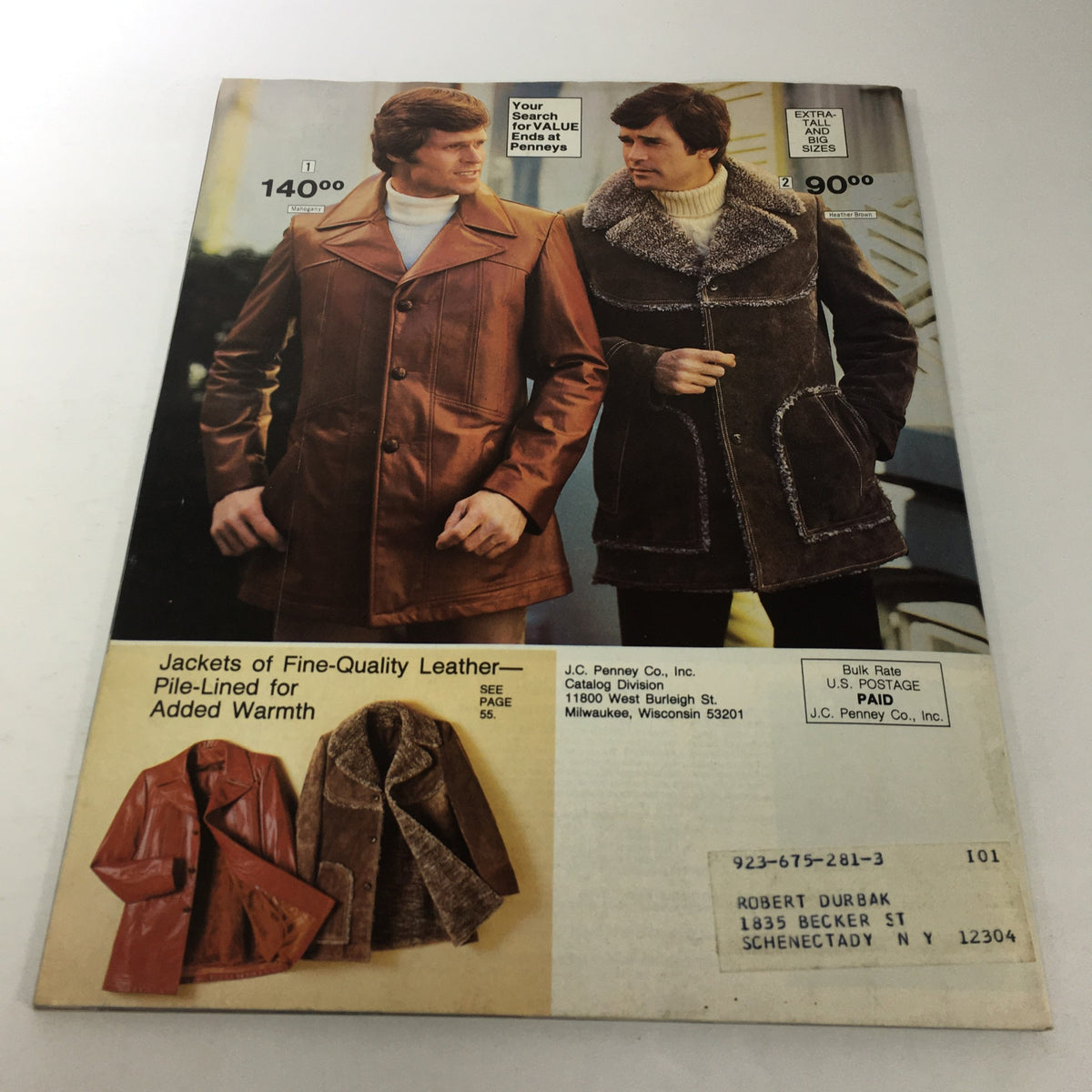 VTG JC Penny Big Men's Store Catalog Fall And Winter 1977 featuring stylish jackets for men, including a fine-quality leather pile-lined coat and an additional brown shearling coat, showcasing vintage fashion of the era.