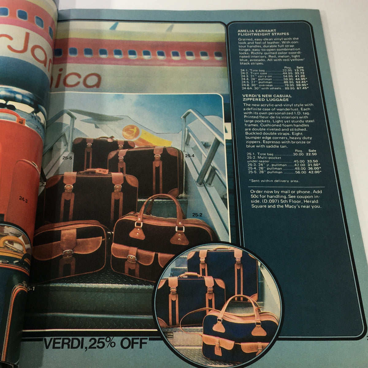 VTG Macy's Spring Sale Store Catalog: March 1977 - A vibrant advertisement showcasing stylish luggage sets on an airplane staircase, highlighting a 25% discount on Verdi bags.