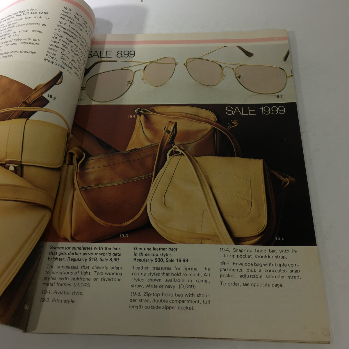 VTG Macy's Spring Sale Store Catalog: March 1976 showcasing sunglasses and handbags on sale, featuring chic styles from the '70s.