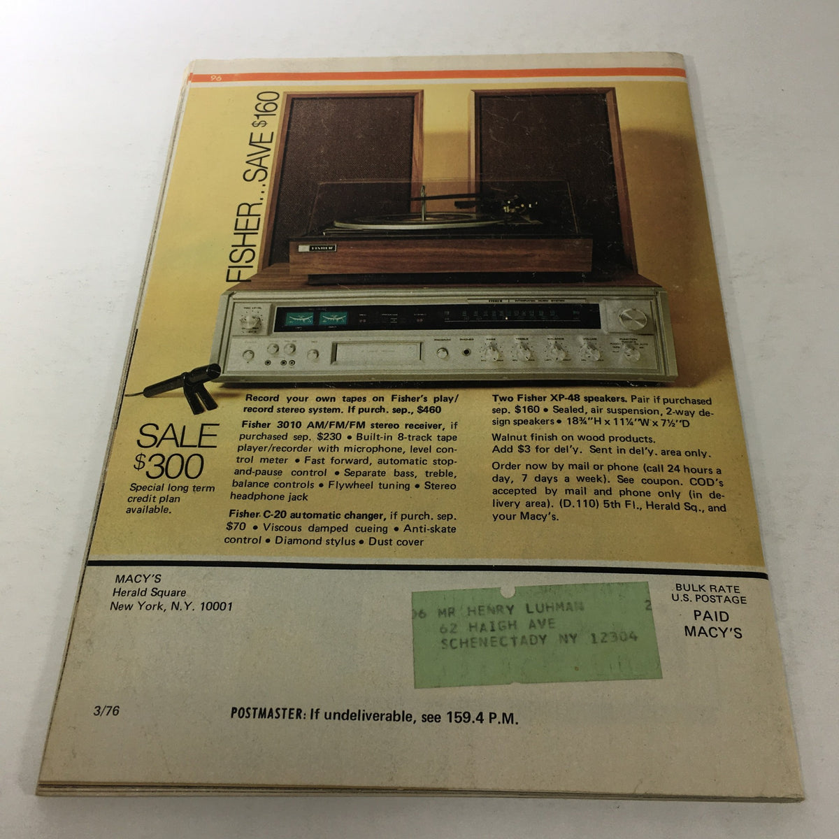 VTG Macy's Spring Sale Store Catalog: March 1976 featuring a high-fidelity music system by Fisher on sale, a testament to 1970s electronics.