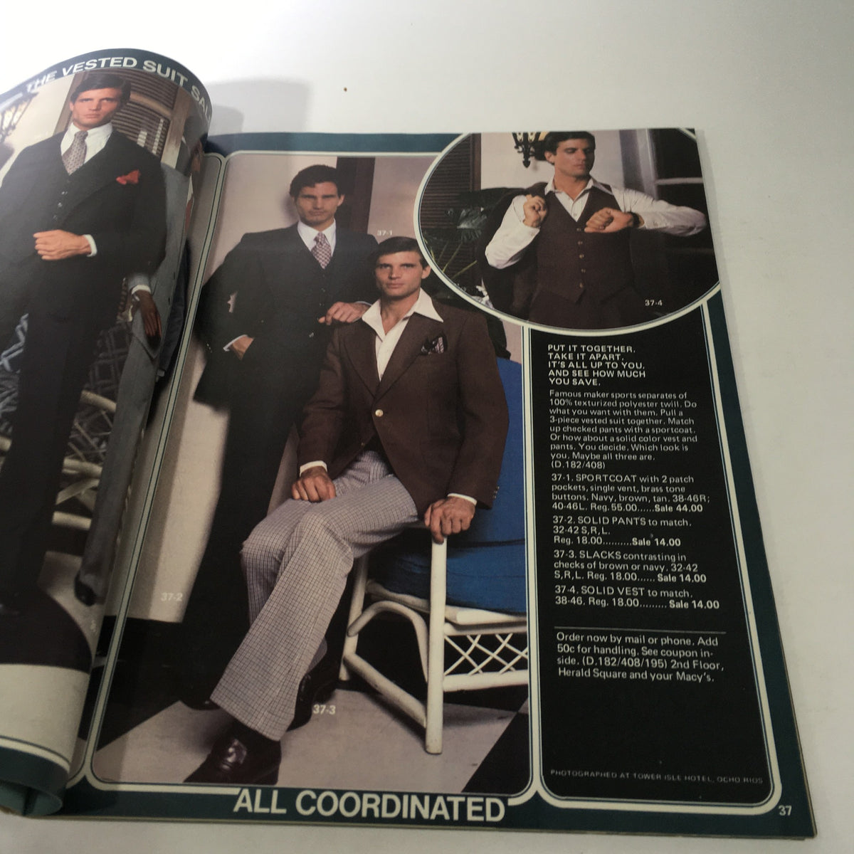 Inside page of VTG Macy's Spring Sale Store Catalog March 1977, showcasing coordinated men's suits and fashion items with pricing.