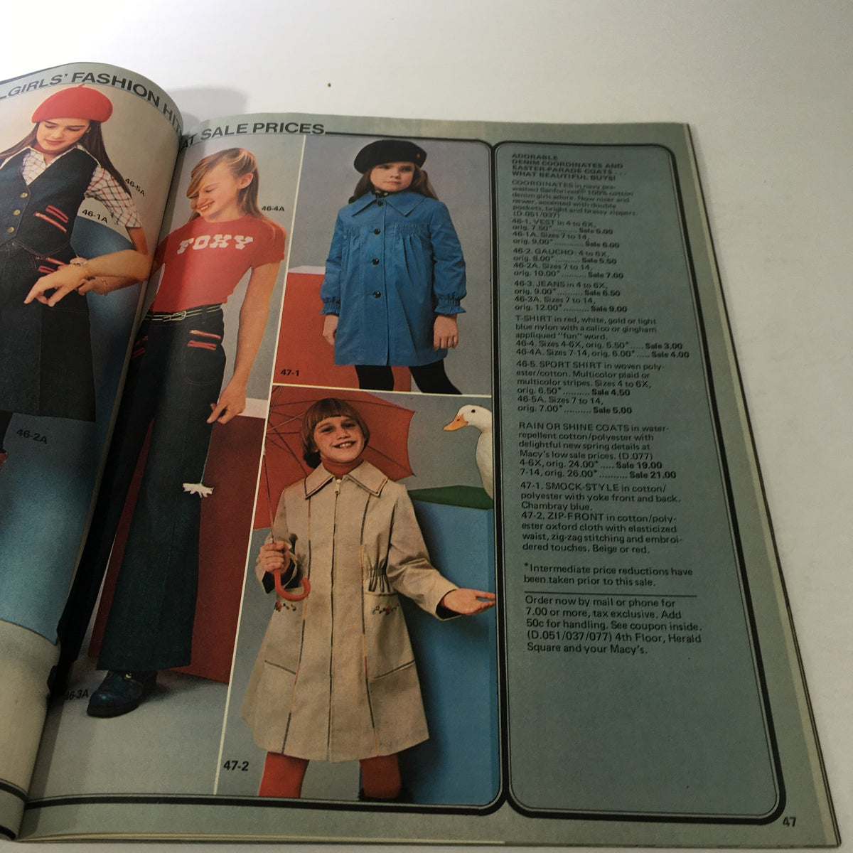 Another page of VTG Macy's Spring Sale Store Catalog March 1977, displaying trendy girls' fashion items and sale prices with colorful outfits.