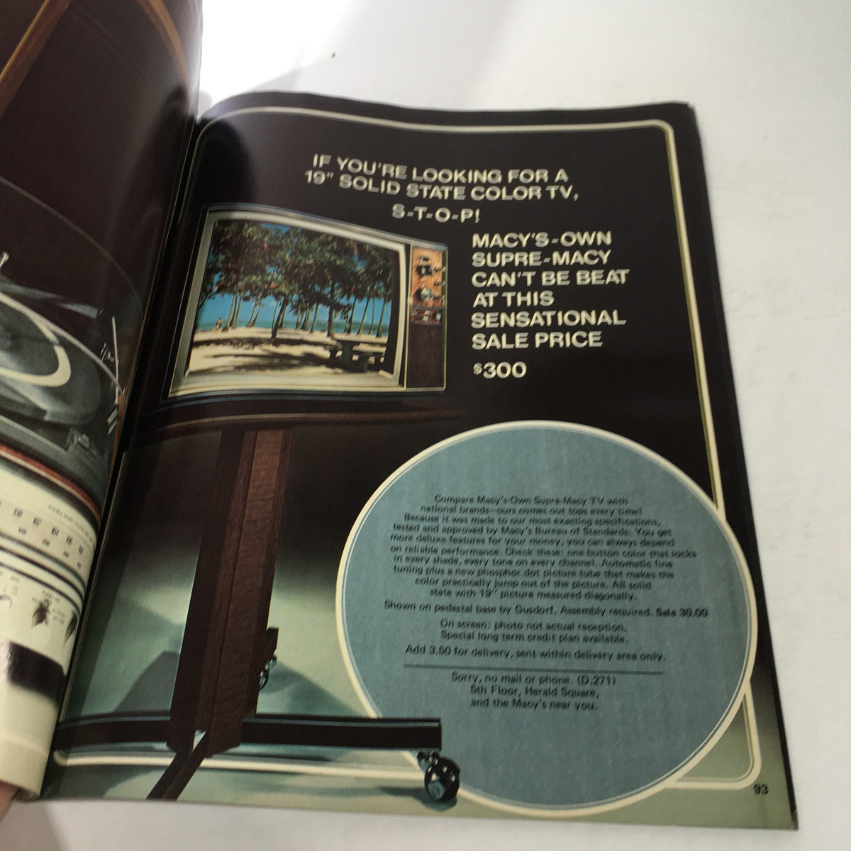 Vintage Macy's Spring Sale Store Catalog: March 1977 showcasing a 19-inch solid state color TV advertisement with price details. Features retro design elements and product specifications.