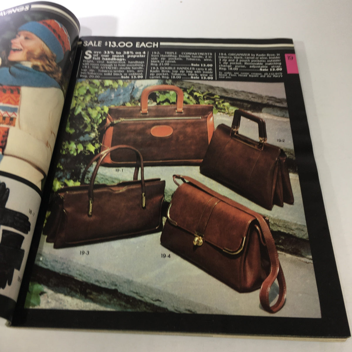 Interior page of the VTG Macy's Fall Sale Store Catalog: March 1978 displaying a collection of brown handbags available for sale at $13 each.