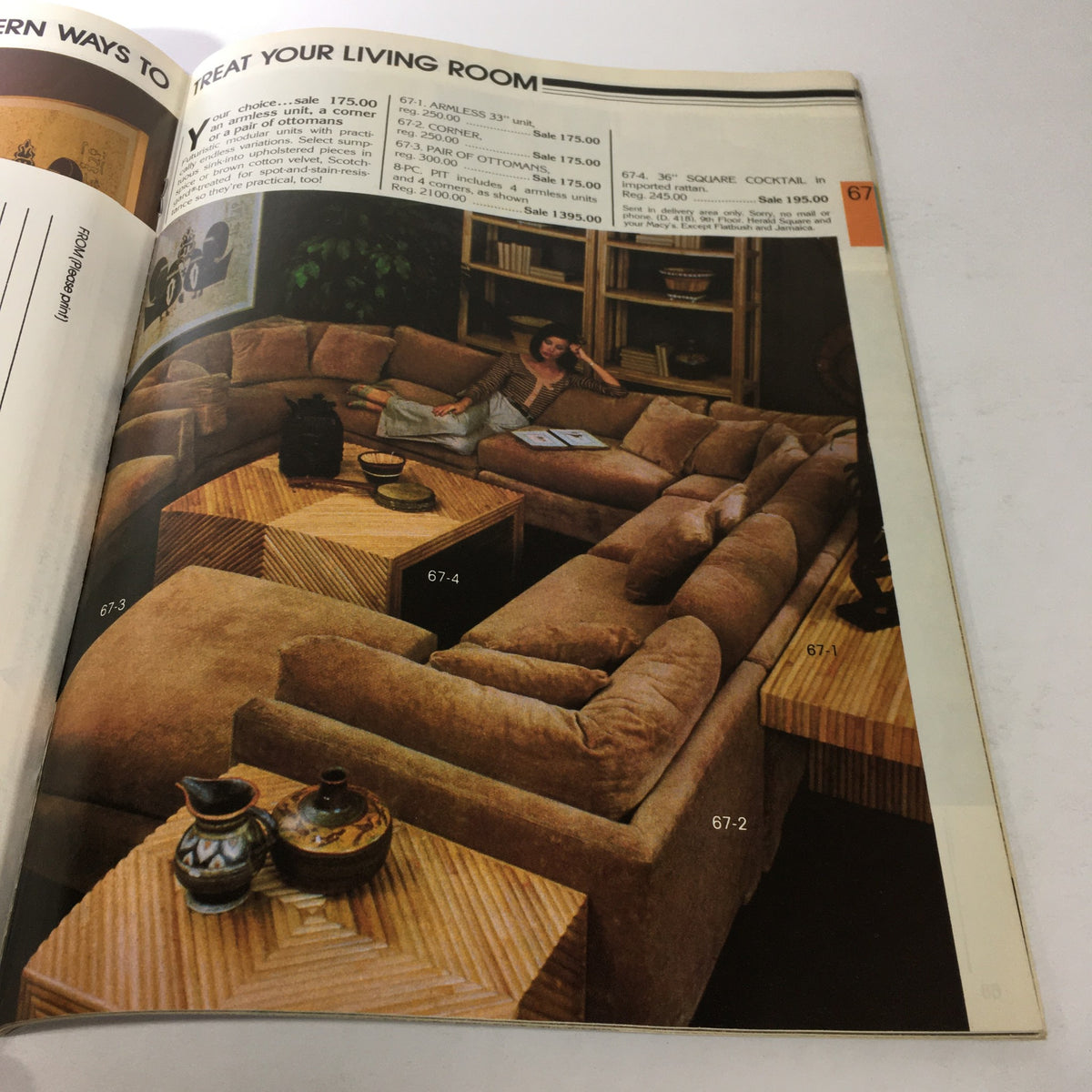 VTG Macy's Fall Sale Store Catalog, March 1978 showing a contemporary living room setup with a sectional sofa and coffee table, promoting special sales on living room furniture.