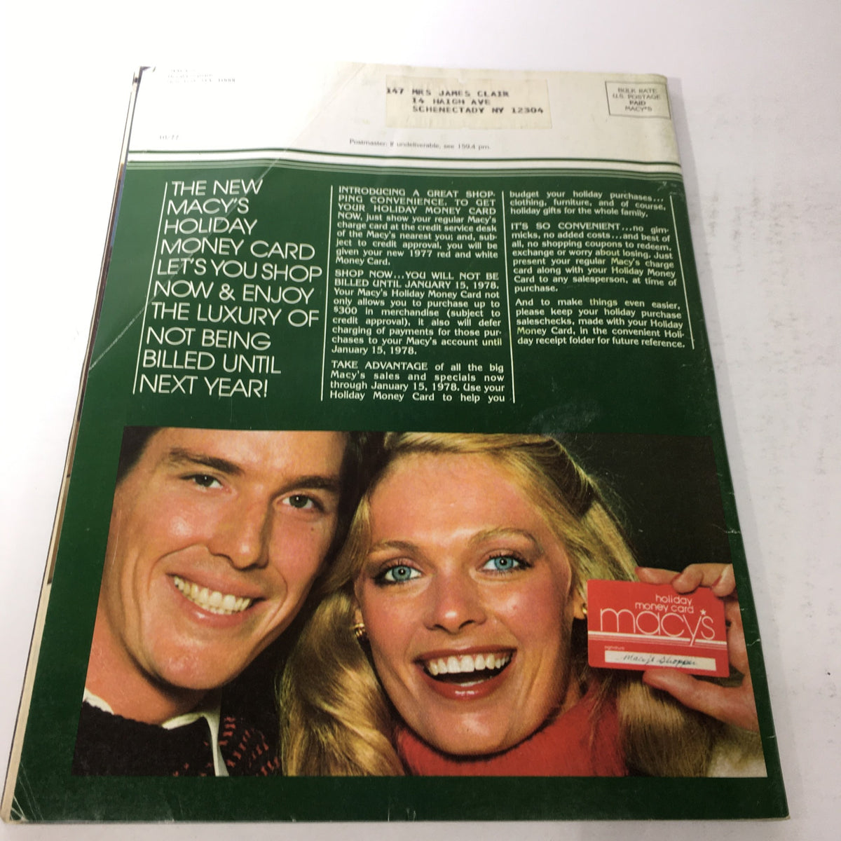 VTG Macy's Fall Sale Store Catalog, March 1978 featuring a promotional back cover highlighting the Macy's Holiday Money Card and how it benefits shoppers during the holiday season.