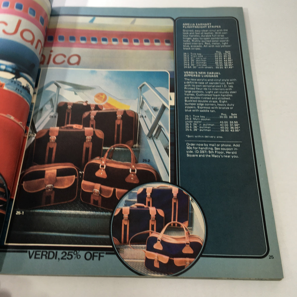 Inside page of the VTG Macy's Spring Sale Store Catalog: March 1977 showcasing a selection of luggage with details on discounts.