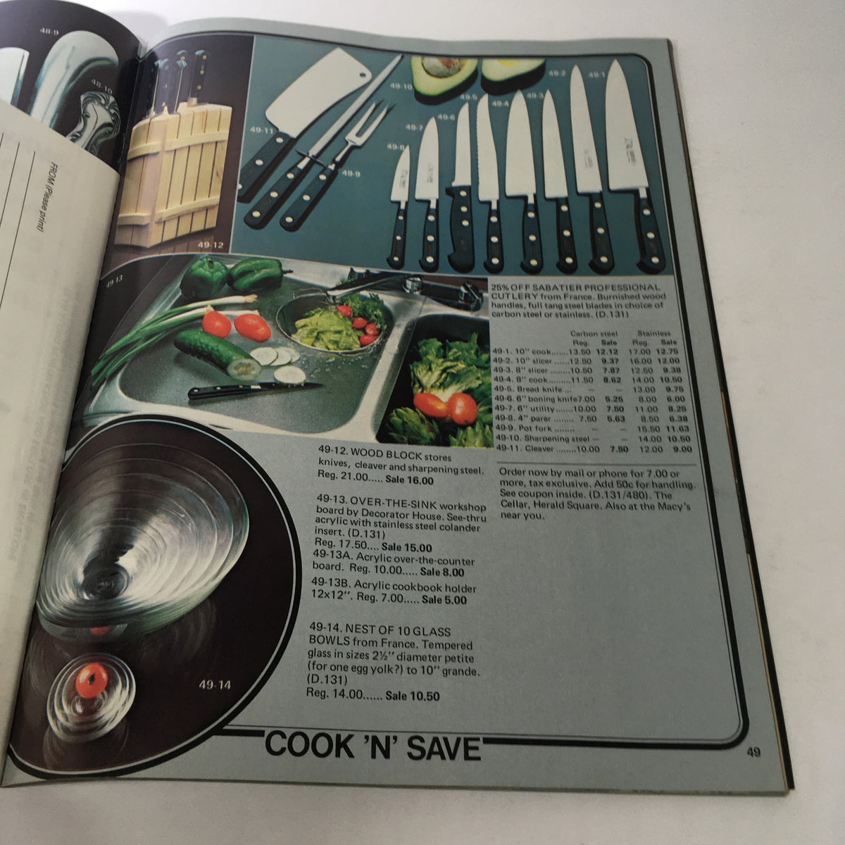 Inside page of the VTG Macy's Spring Sale Store Catalog: March 1977 displaying kitchen tools including knives and storage solutions.