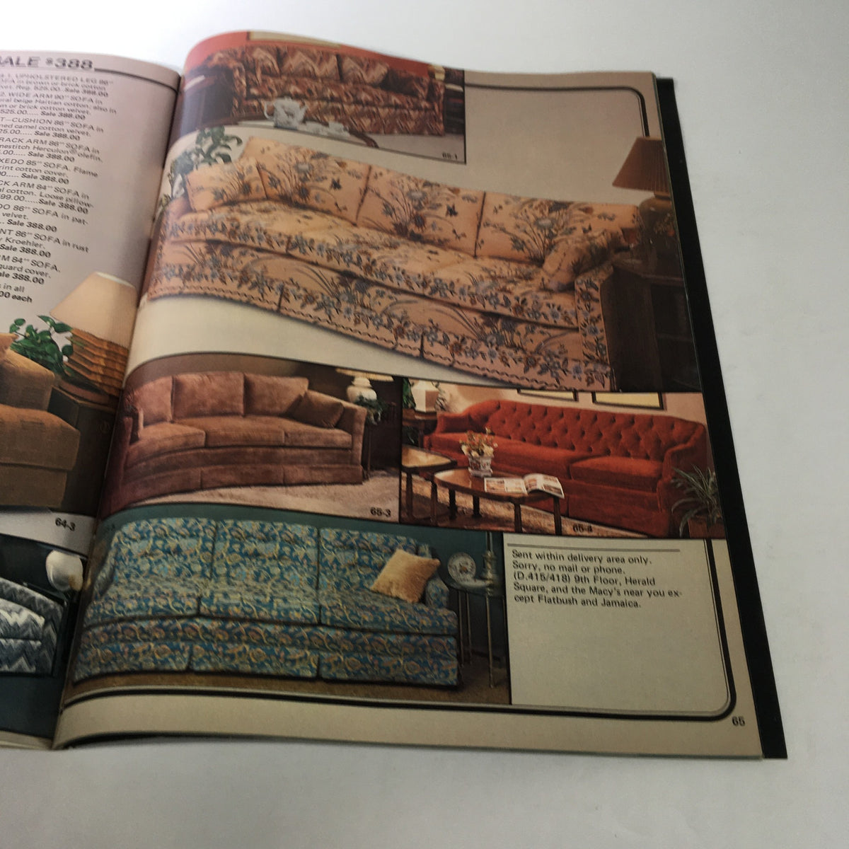 Inside page of the VTG Macy's Spring Sale Store Catalog: March 1977 featuring various sofa designs with details on purchasing options.
