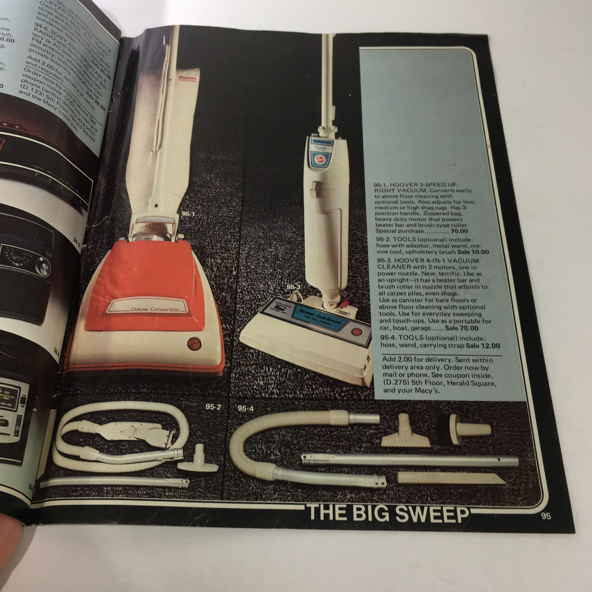 VTG Macy's Spring Sale Store Catalog: March 1977 showcasing various vacuum cleaners including the Hoover Deluxe Convertible and other cleaning tools.