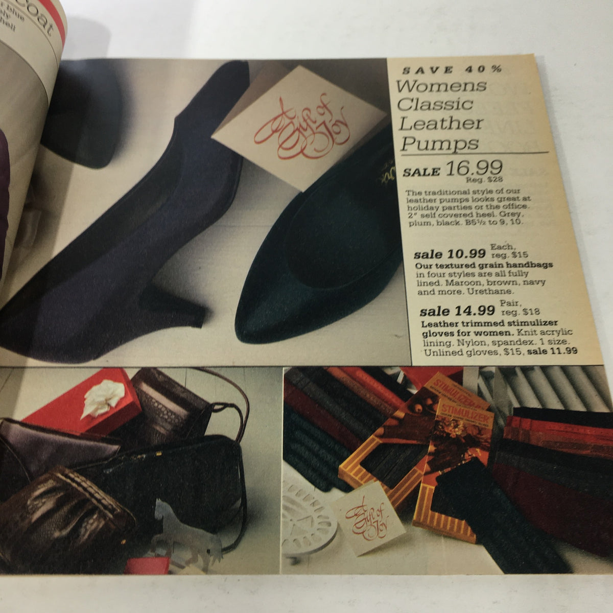 VTG Montgomery Ward Store Catalog: December 1984 featuring women's classic leather pumps with a price tag, surrounded by stylish accessories for holiday gifting.