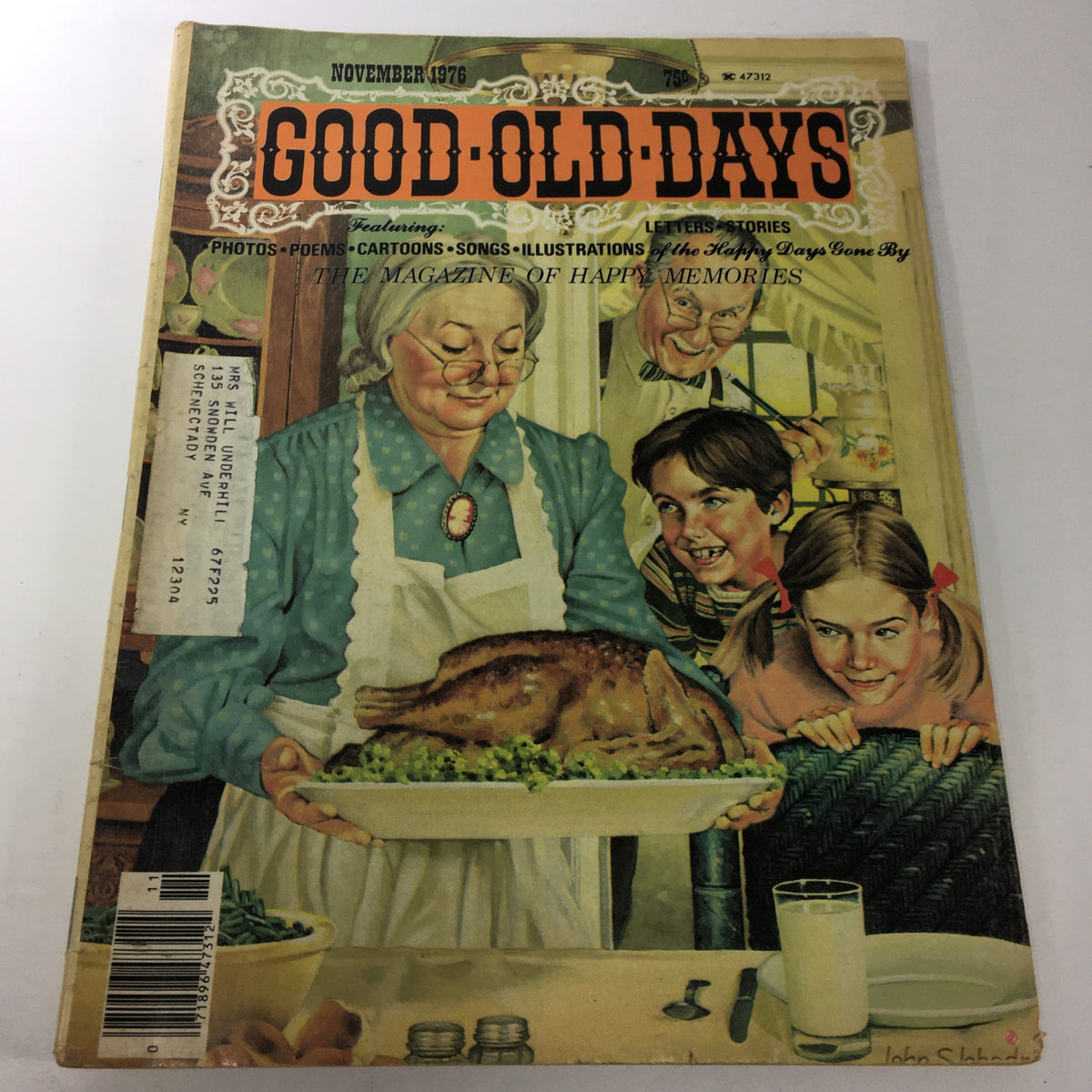 Cover of the VTG Good Old Days Magazine from November 1976, showcasing a nostalgic scene with a grandmother serving a turkey dinner to excited children, reflecting the warmth of family gatherings and happy memories associated with vintage publications.