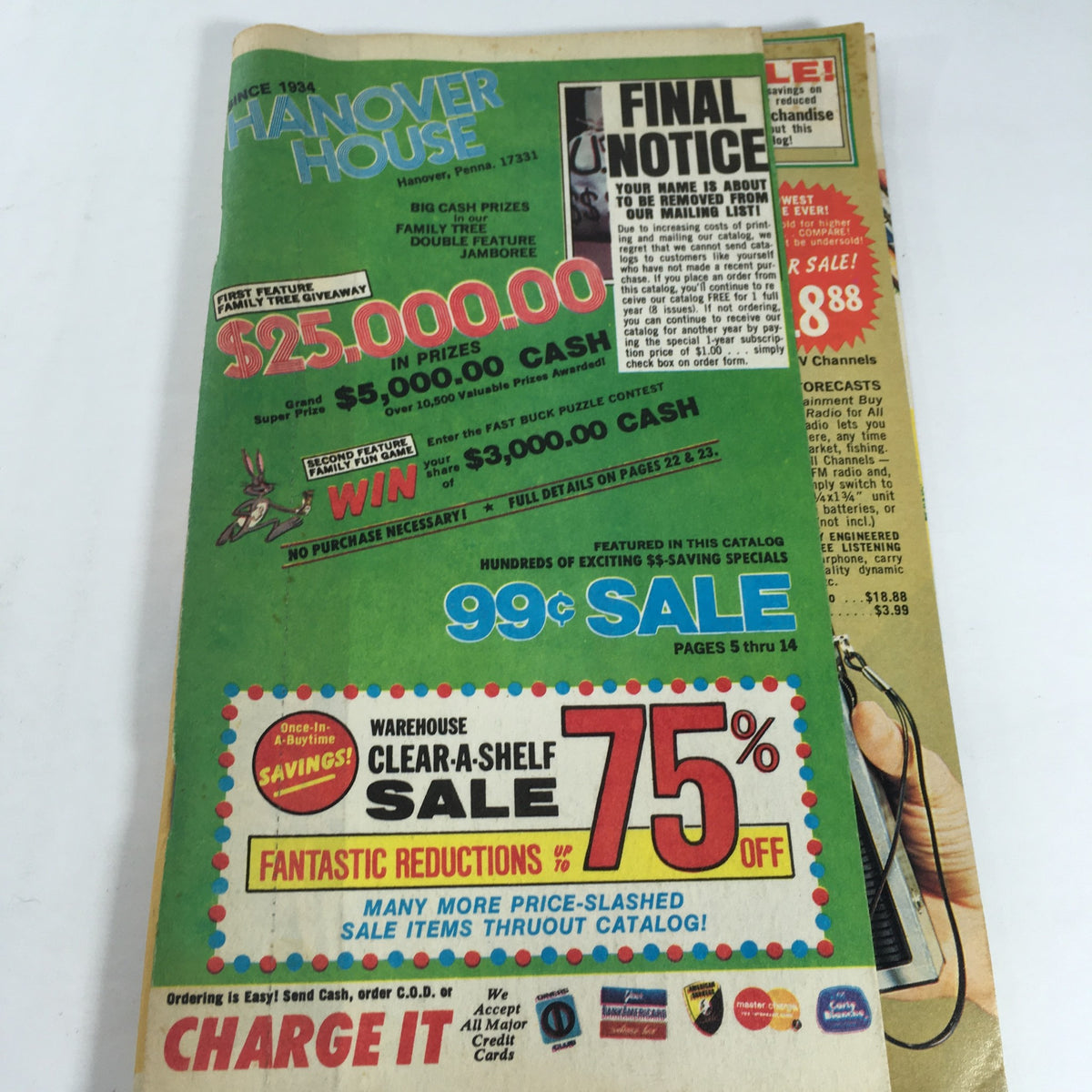 Image of the VTG Rare Hanover House Catalog cover featuring promotional offers including cash prizes and discounts, showcasing the nostalgia of home design since 1934.
