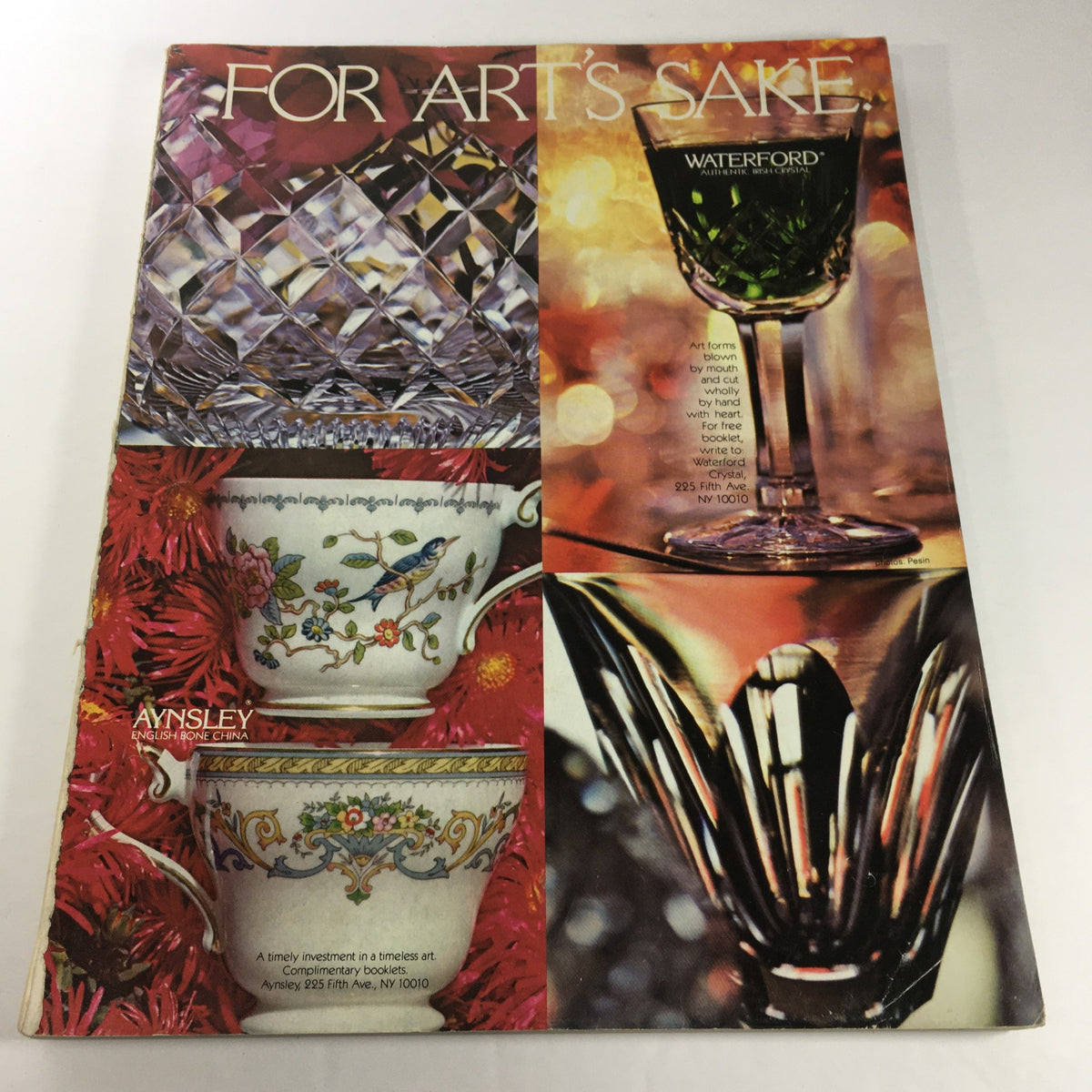Cover image of VTG Architectural Digest For Art's Sake Catalog: June 1982, featuring elegant Waterford crystals and Aynsley china against a vibrant background.