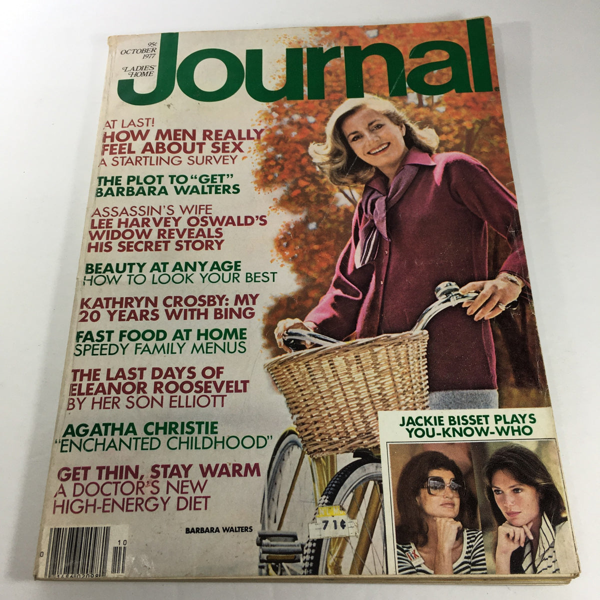 October 1977 vintage magazine cover featuring articles on Agatha Christie, Barbara Walters, and Jackie, showcasing notable topics like 'How Men Really Feel About Sex' and 'Eleanor Roosevelt's Last Days', with a stylish model riding a bicycle.