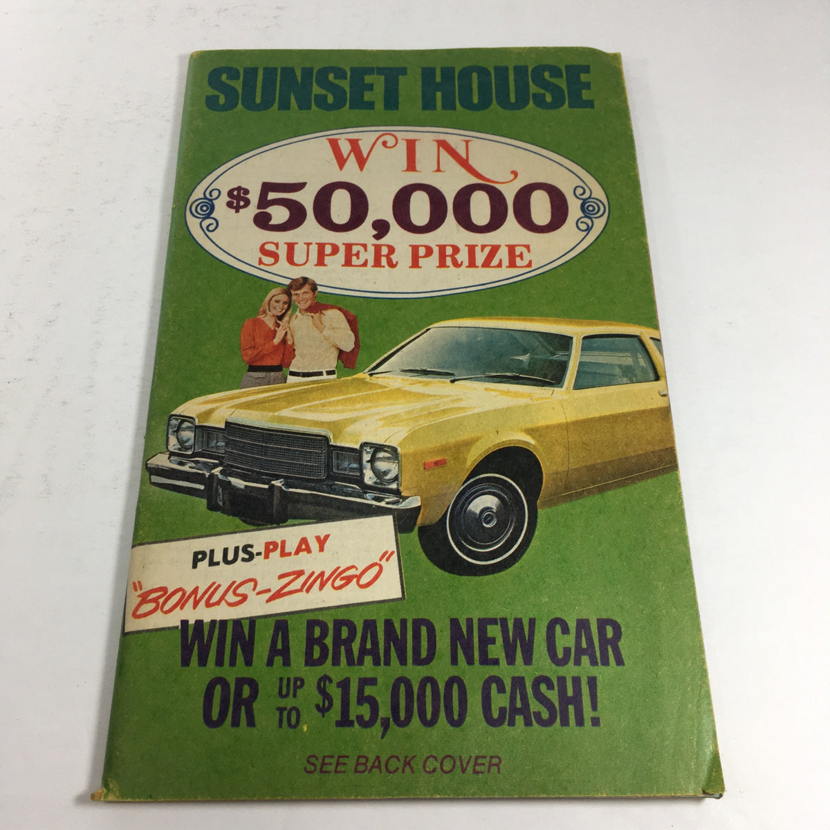 Cover of the VTG Rare Sunset House Catalog: 1977 featuring a promotional offer to win a $50,000 Super Prize or a brand new car, featuring vibrant graphics and a classic yellow car.