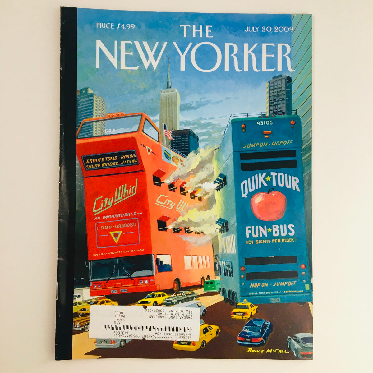 The New Yorker full magazine cover from July 20, 2009 featuring the artwork 'Tour Wars' by Bruce McCall, showcasing a bus tour scene amidst city skyscrapers and taxis.