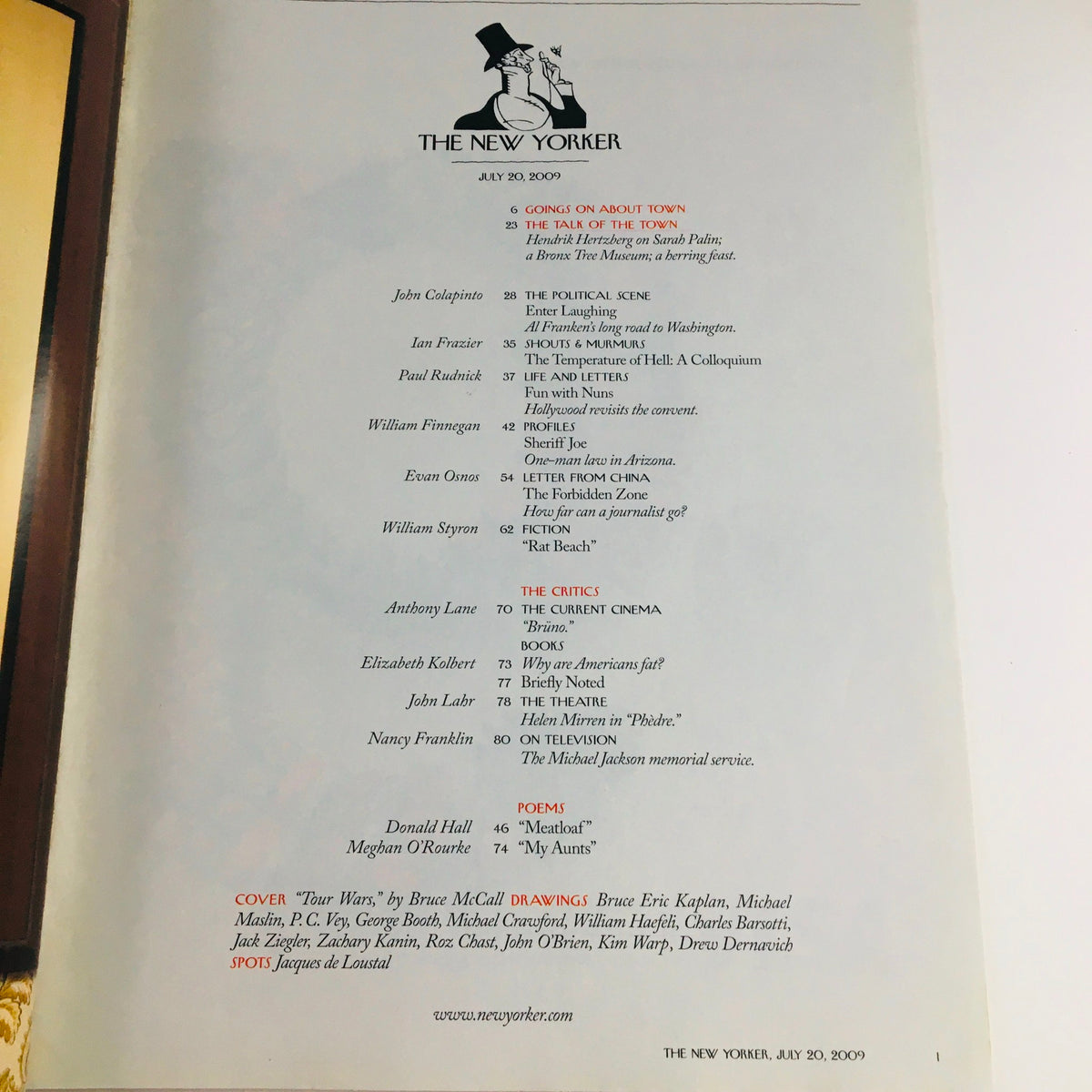 The inside page of The New Yorker magazine from July 20, 2009, listing articles and contributors, including a piece by Bruce McCall titled 'Tour Wars'.