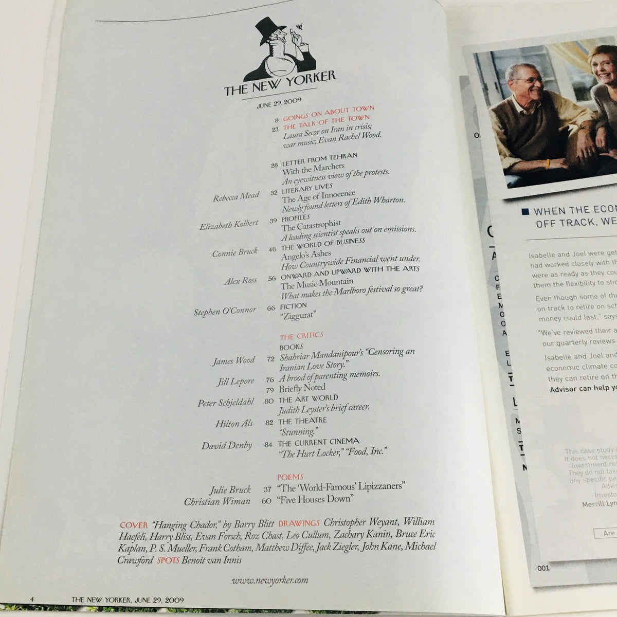 Interior page of The New Yorker Full Magazine June 29 2009, displaying the table of contents and contributors, highlighting various articles and the magazine's rich literary offerings.