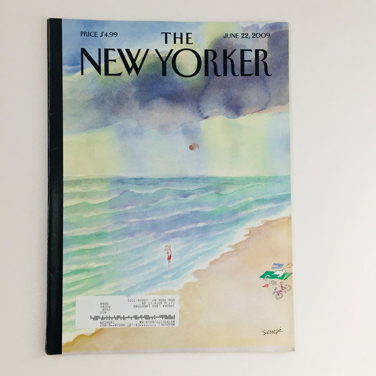 The New Yorker Full Magazine June 22 2009 cover featuring whimsical beach scene illustration by Jean-Jacques Sempé, depicting a figure on the shoreline and a bicycle, representing engaging literary art.