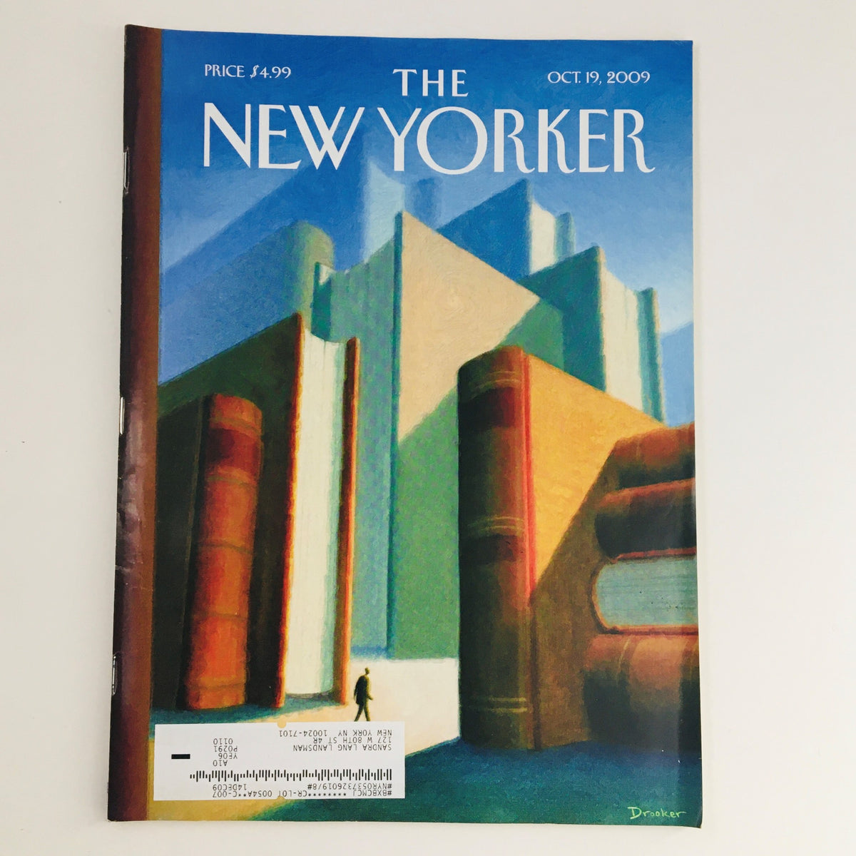 The New Yorker Magazine October 19, 2009 cover featuring stunning artwork by Eric Drooker, showcasing a colorful abstract design with large books and geometric shapes.