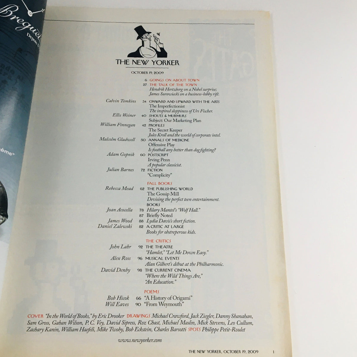 The interior page of The New Yorker Magazine October 19, 2009 displaying the table of contents, highlighting featured articles and contributors.