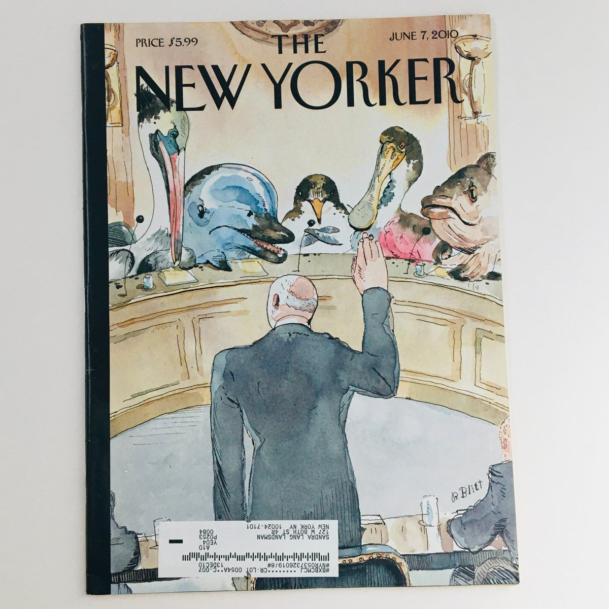 Cover of The New Yorker magazine from June 7, 2010 featuring the artwork 'Five Weeks Later' by Barry Blitt. The illustration depicts a courtroom scene with various anthropomorphic animals observing proceedings, reflecting contemporary satire and commentary.
