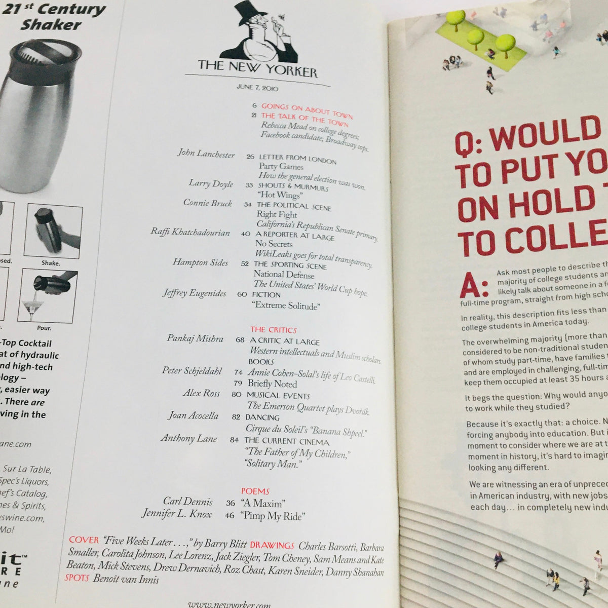 Table of contents from The New Yorker Full Magazine June 7 2010 featuring articles and contributors including Barry Blitt's work 'Five Weeks Later', highlighting the literary and artistic offerings of the issue.