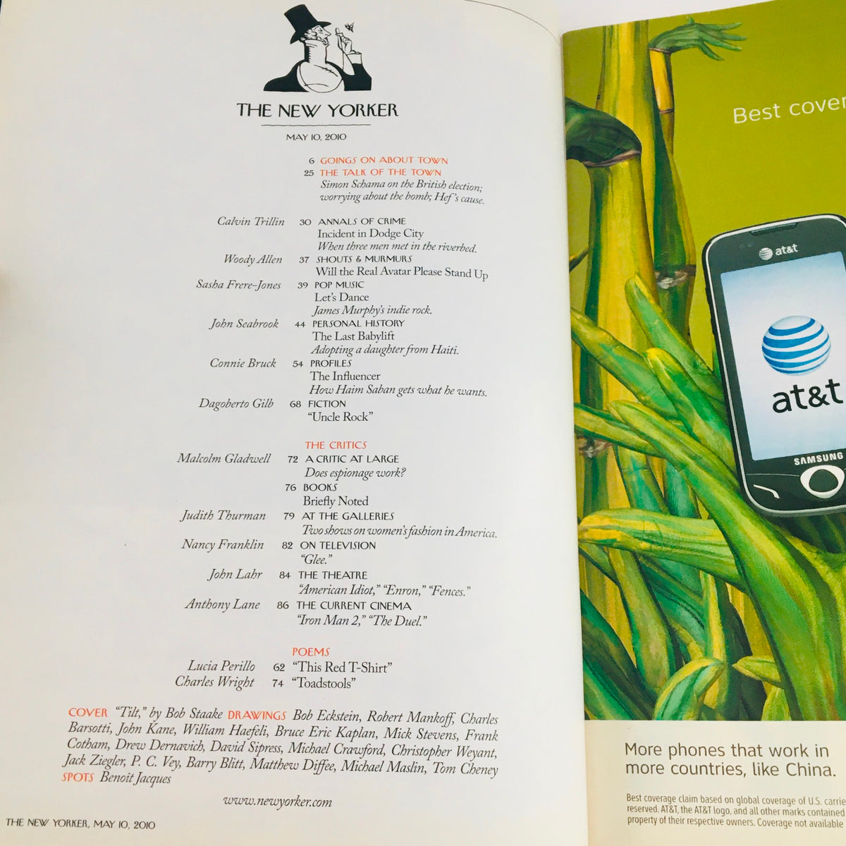 The New Yorker Full Magazine May 10 2010 Tilt by Bob Staake showing the table of contents with featured articles and illustrations from the issue.