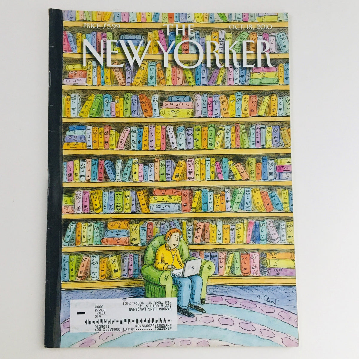 The New Yorker Full Magazine October 18 2010 cover featuring whimsical illustrations by Roz Chast, depicting a character sitting among colorful books in a library.