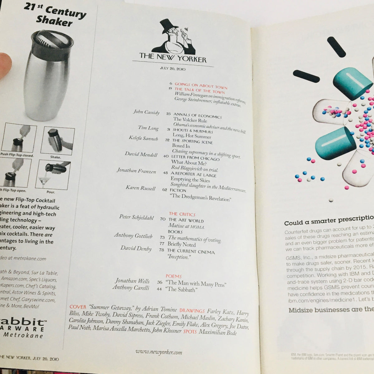 Interior page layout of The New Yorker July 26 2010 magazine, featuring the table of contents and article listings, showcasing the creative and literary features of the issue.