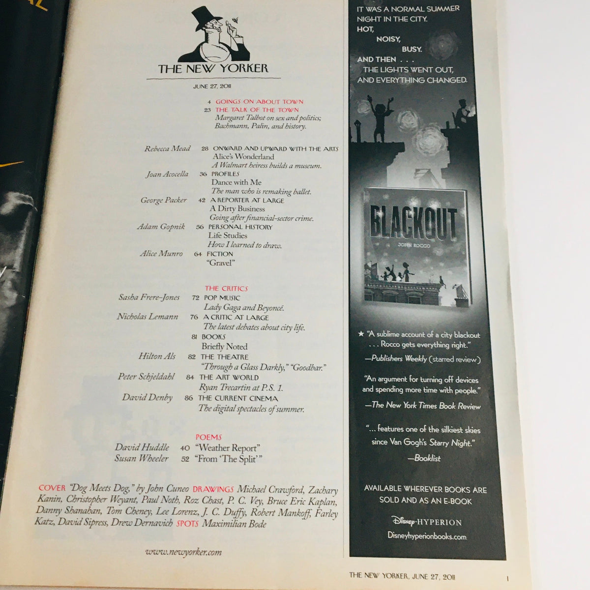 The New Yorker June 27 2010 magazine interior page displaying the table of contents, highlighting articles and features from that issue.