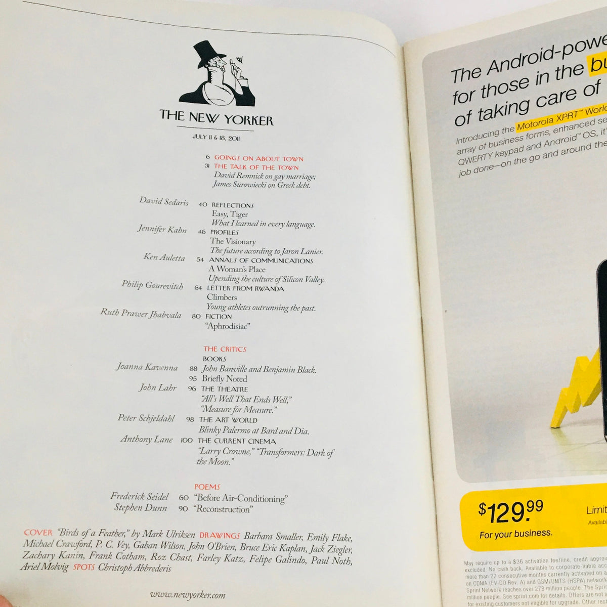 Inside page of The New Yorker July 11 2011 showcasing the magazine's table of contents and including a poem, emphasizing the literary quality and editorial diversity.